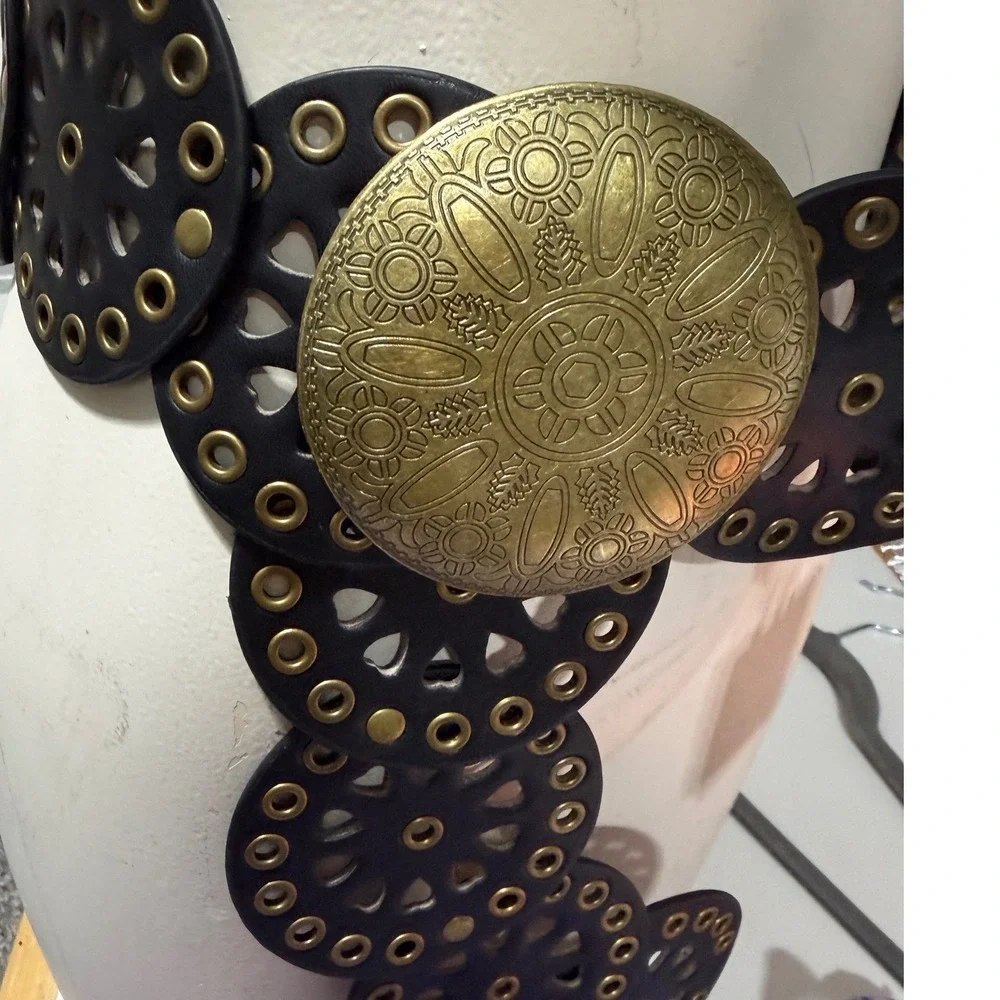 Haute Hippie‎ Style Black Leather Medallion Belt Ornate Gold Buckle Boho New
